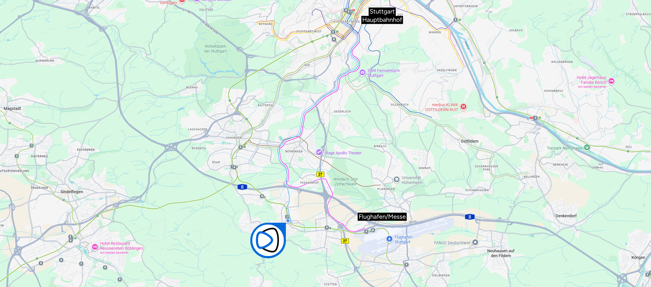 Karte der Anbindung des hubSTR space in Leinfelden